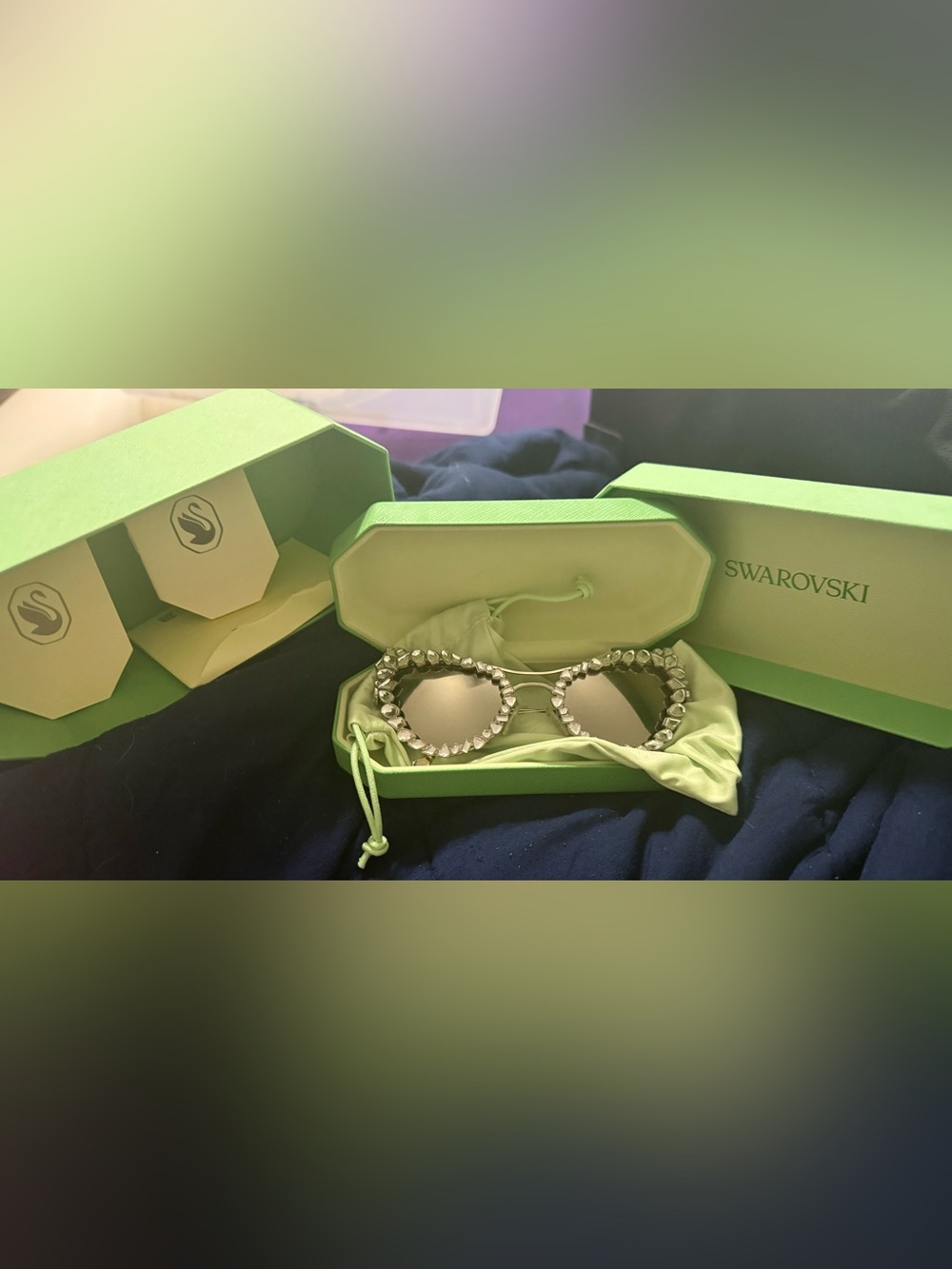 Swarovski Round Crystal-Trim Sunglasses in Light Green and Silver